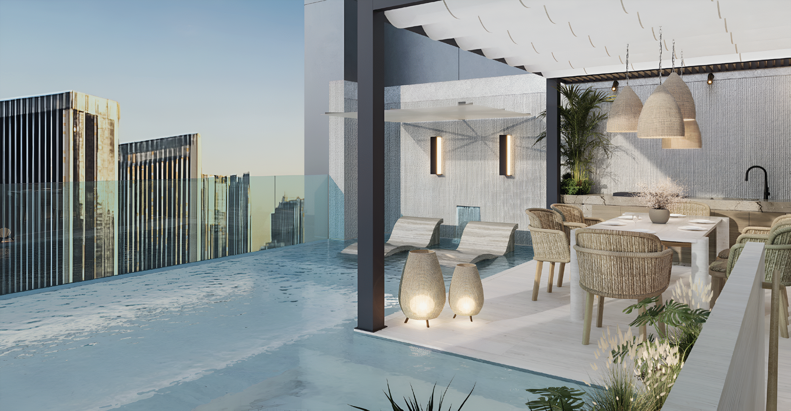 Modern living room interior at Hilton Residences Dubai JLT with floor-to-ceiling windows, contemporary furniture, and city views